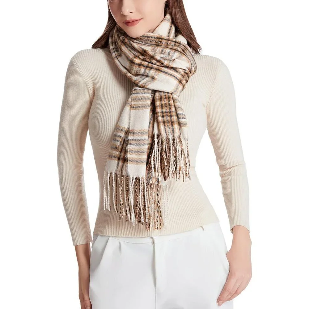 Women's Fine Plaid Beige Fashion Long Shawl Big Grid Winter Warm Lattice Scarf